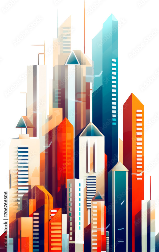 Vivid urban skyline. Collage of colorful skyscrapers in a dynamic cityscape.