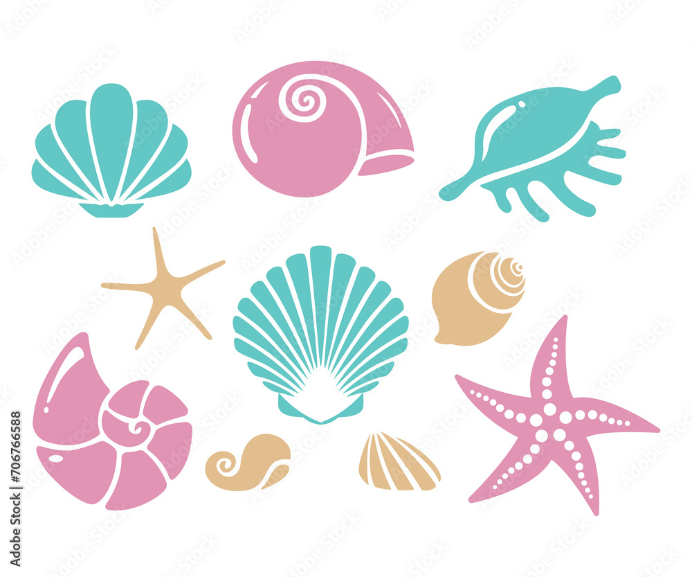 Sea shells,starfish, oyster and clam . Set of sea life. hand drawn vector illustration