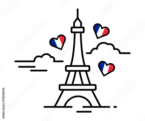 The Eiffel tower hand drawn. minimalist hearts France flag. Abstract building. Vector illustration