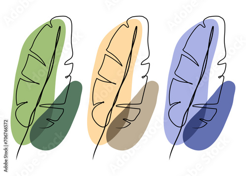 leaf Green  banana with color spots. Single line, minimalist design. Hand drawn vector illustration