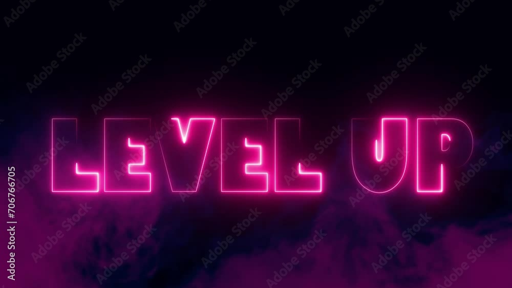 Level Up text font with neon light. Luminous and shimmering haze inside the letters of the text Level Up. Level Up neon sign.