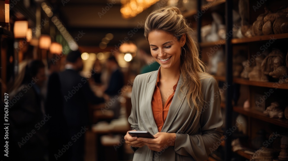 clothing shop business owner caucasian woman managing shop with digital tablet.