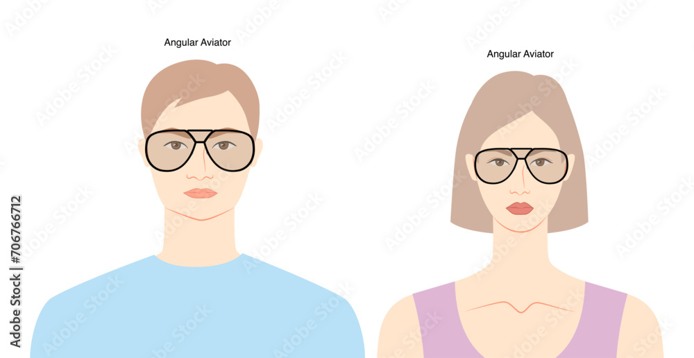 Angular Aviator frame glasses on women and men flat character fashion accessory illustration. Sunglass front view silhouette style, rim spectacles eyeglasses with lens sketch outline isolated on white Angular Aviator frame glasses on women and men flat character fashion accessory illustration. Sunglass front view silhouette style, rim spectacles eyeglasses with lens sketch outline isolated on white