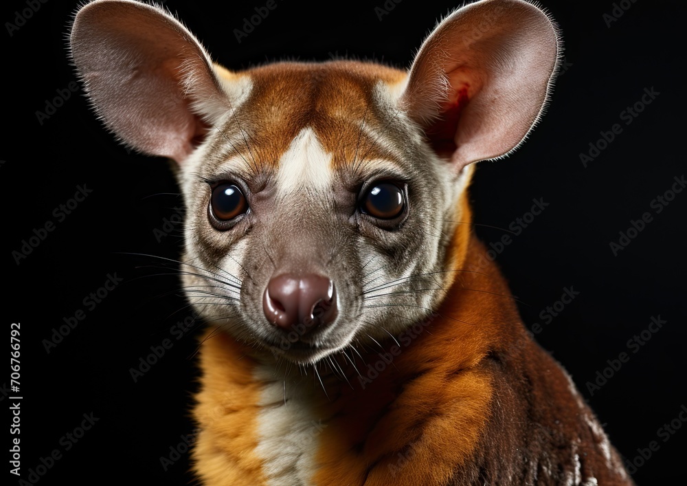 Portrait of a Brown Kinkajou with Large Ears on Black Background