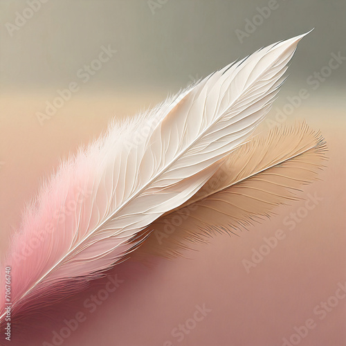 Minimalist pink feathers on a pink and beige background set diagonally with copy space.