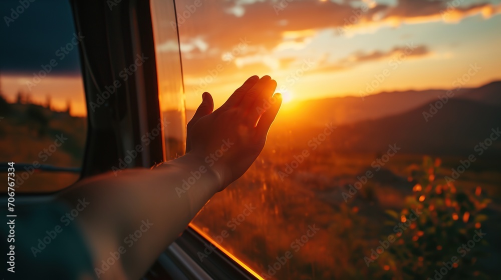 Road trip concept - hand held out of an open window, sunset in the foreground - obrazy, fototapety, plakaty 