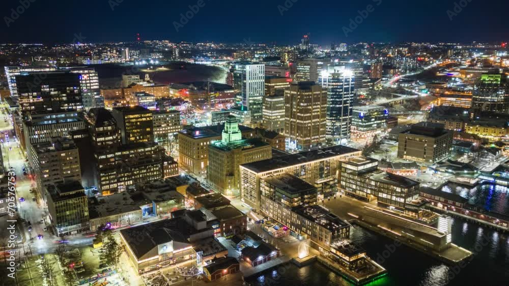 Time Lapse in Downtown Halifax. Aerial View of the Night Metropolis, Canada. Time Lapse in Downtown Halifax. Aerial View of the Night Metropolis, Canada.
