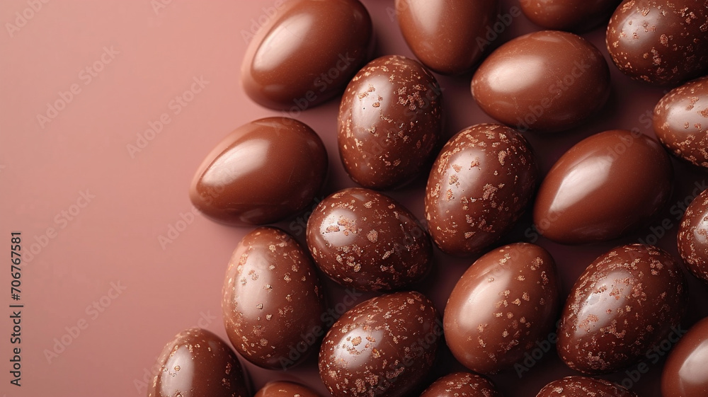 Chocolate Easter eggs banner with copy space on old rose background
