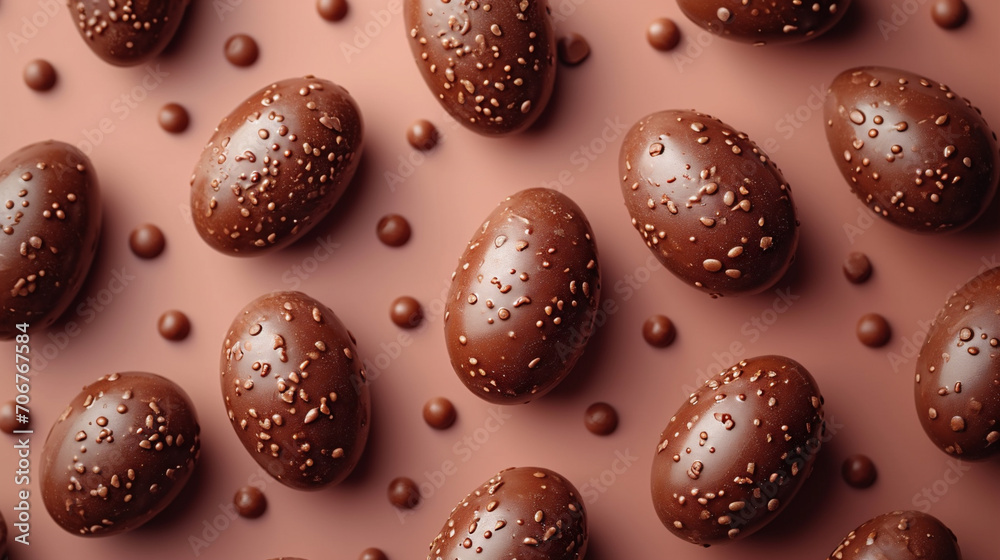 Happy Easter decoration background. Chocolate Easter eggs banner on old rose background.