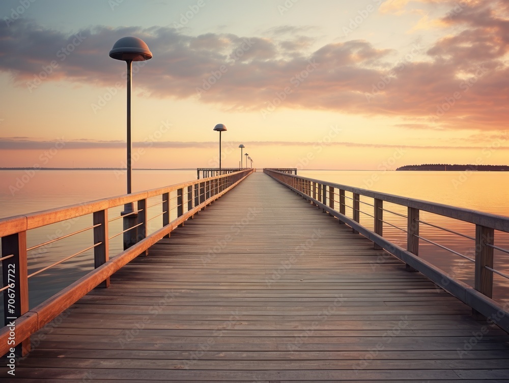 Wooden Pier With Lamp Post, Coastal Scene, Sunny Day, Calm Waters. Sunset.