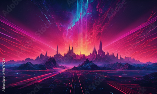 Intricate landscapes of sound, graphics, and technology, surreal audio-visual experience, connectivity, innovation, abstract art style, dynamic and vivid color palette, vib.