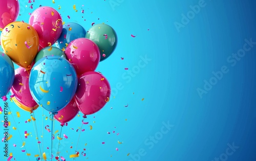 Bright blue banner with colorful balloons on the left.