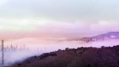 sunrise mist over the mountains in Arkansas