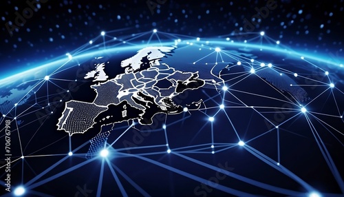 Communication technology with global internet network connected in Europe. Telecommunication and data transfer european connection links. IoT, finance, business, blockchain, security. Generative AI photo