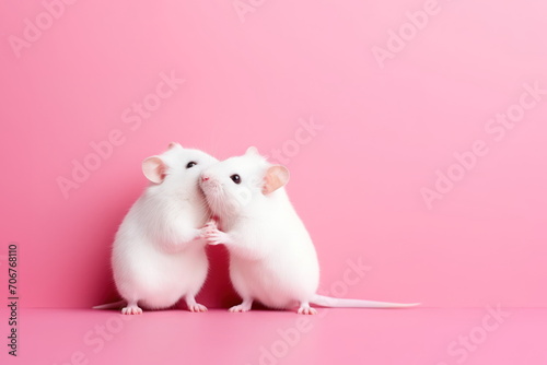 Two cute white mice sniffing each other on a pink background with copy space for text. Mouse couple photo with copy space for text. Valentine's Day concept. For card, postcard, poster, banner. photo