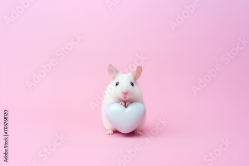 A tiny white mouse holding a heart on a pink background with copy space for text. Valentines Day concept. For card  postcard  poster  banner.
