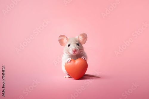 A cute white mouse with big ears holding a red heart on a pink background with copy space for text. Valentine's Day concept. For card, postcard, poster, banner.