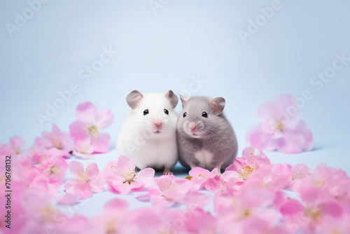 Two cute mice sitting together in cherry blossom petals on a pale blue background with copy space for text. Springtime and Valentine's Day concept. For card, postcard, poster, banner.