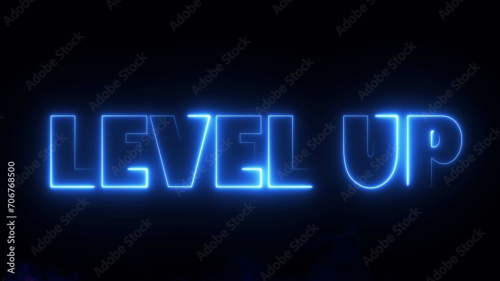 Level Up text font with neon light. Luminous and shimmering haze inside the letters of the text Level Up. Level Up neon sign. Level Up text font with neon light. Luminous and shimmering haze inside the letters of the text Level Up. Level Up neon sign.