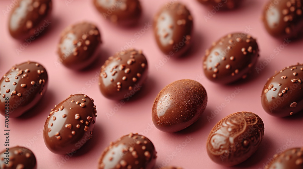 Chocolate Easter eggs banner on old rose background
