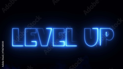 Level Up text font with neon light. Luminous and shimmering haze inside the letters of the text Level Up. Level Up neon sign.