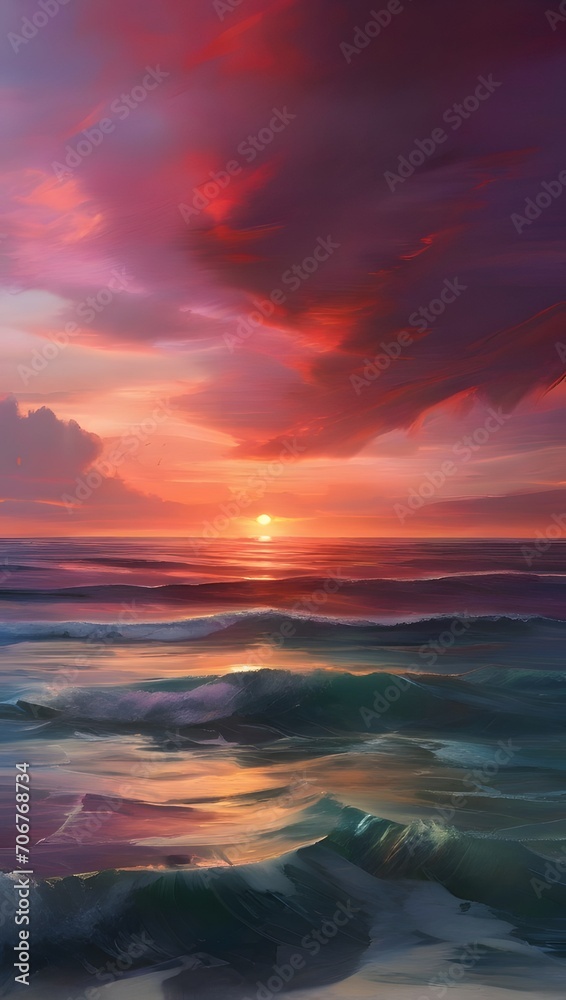 Sunset over the sea with colorful crimson clouds hd phone background wallpaper