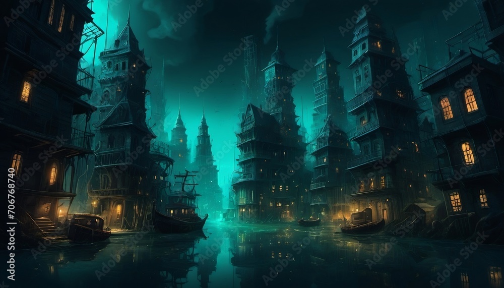 Underwater city. Scary horror creepy city tallasphobia some light from top. night view of the old town. Generative AI