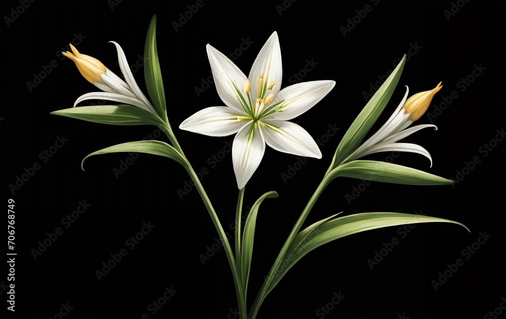 Fototapeta premium White snowdrop flowers bloom outdoors with sunlight. On black background. Closeup shot. Generative AI