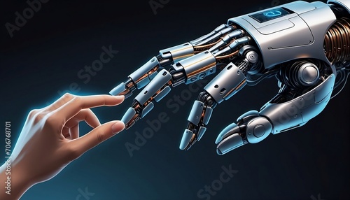 The human finger delicately touches the finger of a robot's metallic finger. Concept of harmonious coexistence of humans and AI technology. Generative AI