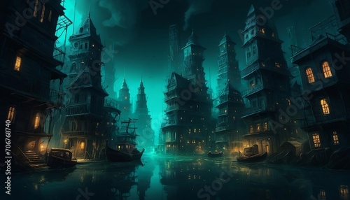 Underwater city. Scary horror creepy city tallasphobia some light from top. night view of the old town. Generative AI