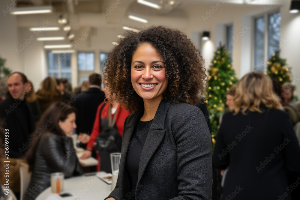 Happy business woman standing in a room full of people, social gathering, community, crowded space Happy business woman standing in a room full of people, social gathering, community, crowded space
