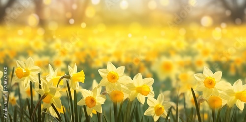 Yellow daffodils in front of a light background. Bokeh panorama © esa