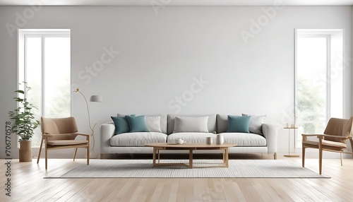 Minimal modern home with living room and dining room design  wall mockup on bright interior background  3d render.