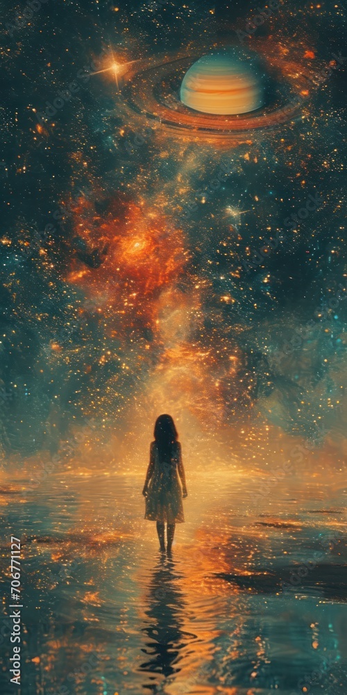 Girl in Space with Planet System Background - Space Planetarium Wallpaper in the Style of Surrealistic Juxtapositions in Light Teal and Light Amber created with Generative AI Technology