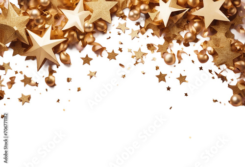 Christmas party background with confetti stars and golden streamers Top view and flat lay © ArtisticLens