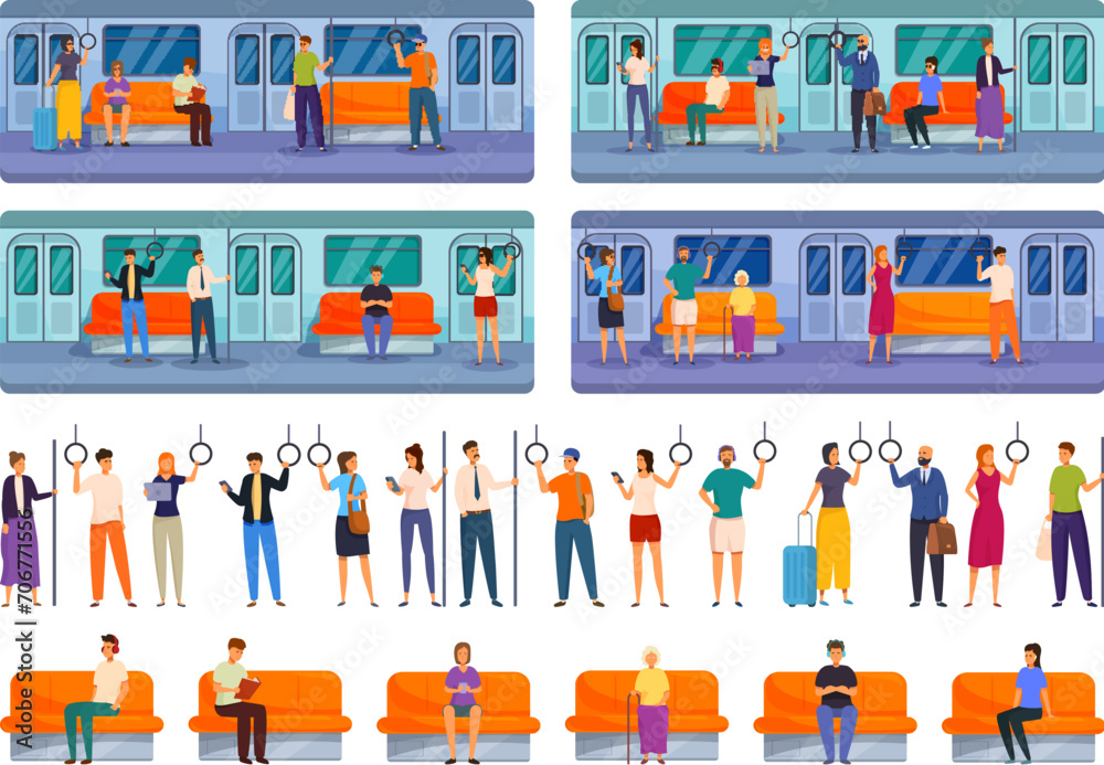 People inside subway icons set cartoon vector. Transport travel. Social public tram - obrazy, fototapety, plakaty 