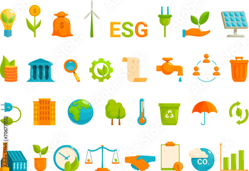 Esg icons set cartoon vector. Corporate social. Report csr economy