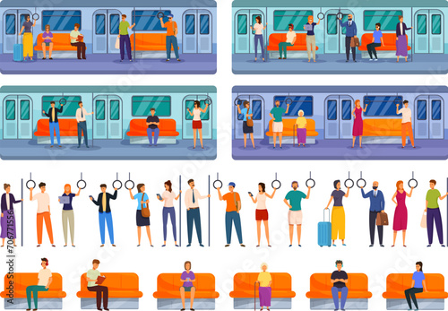 People inside subway icons set cartoon vector. Transport travel. Social public tram