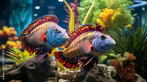 A trio of colorful and energetic fish swimming gracefully in a beautifully aquascaped freshwater aquarium -Generative Ai 