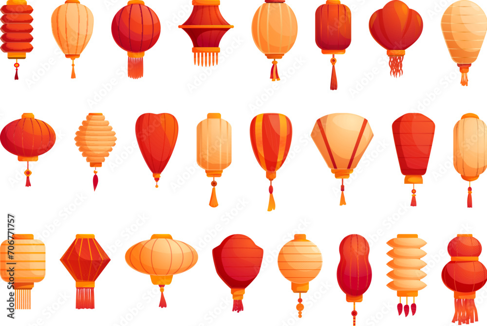 Paper glowing lantern icons set cartoon vector. Floating fire light. Chinese ceremony - obrazy, fototapety, plakaty 