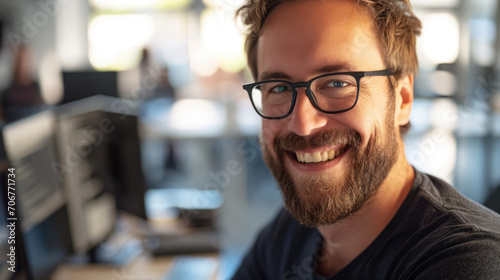 Software Developement Concept: A male software developer in his modern tech office, smiling confidently