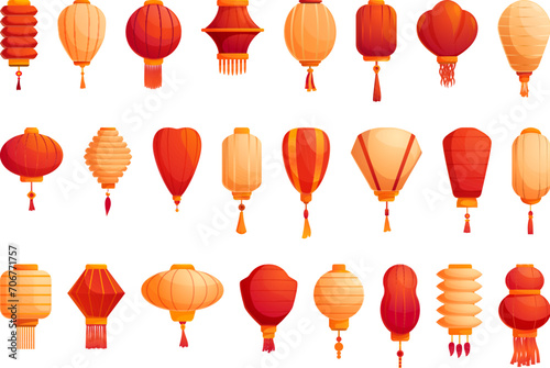 Paper glowing lantern icons set cartoon vector. Floating fire light. Chinese ceremony photo