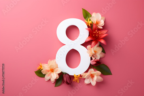 Creative idea for March 8. Number eight surrounded by different spring flowers. Happy Valentine's Day.