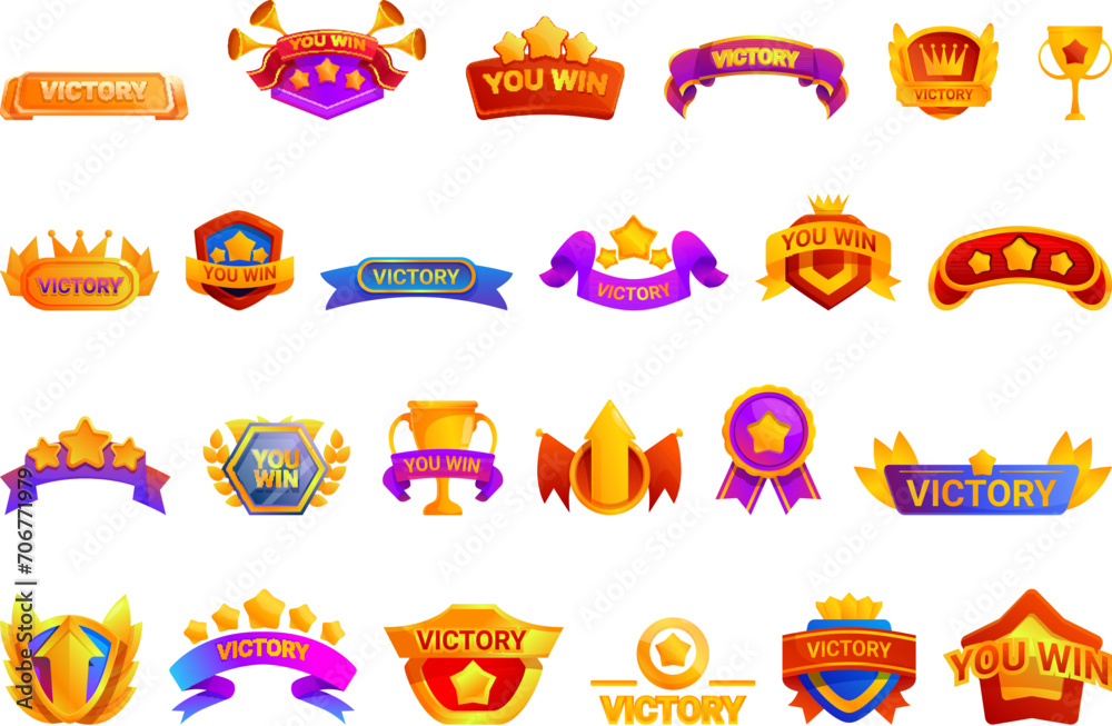Victory game screen icons set cartoon vector. Star bay. Level score win Victory game screen icons set cartoon vector. Star bay. Level score win