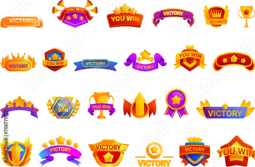 Victory game screen icons set cartoon vector. Star bay. Level score win