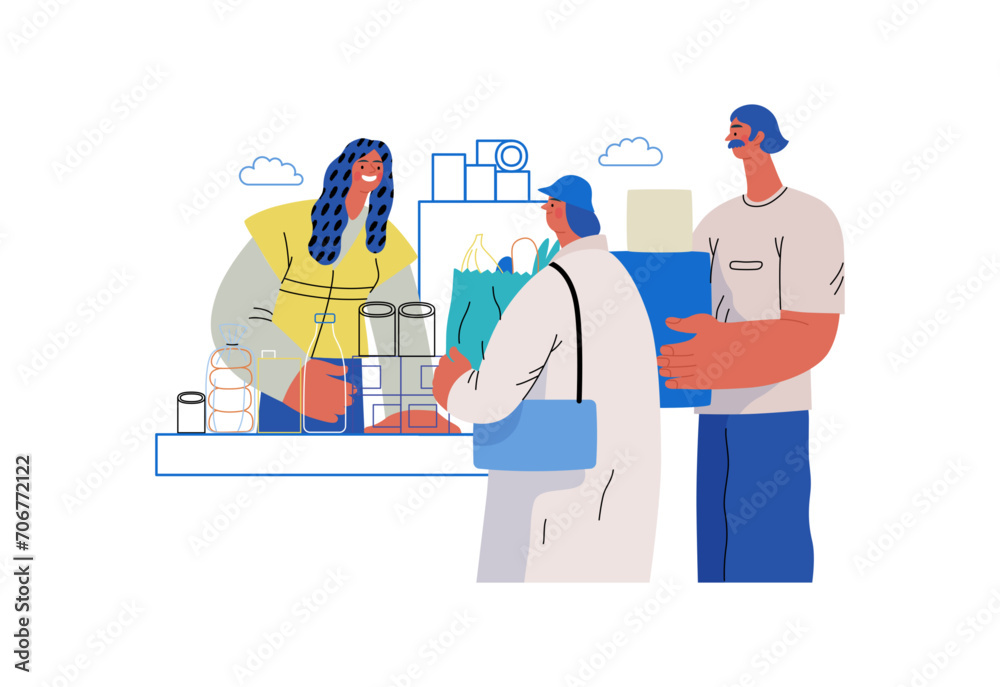 Mutual Support: Bringing groceries to food bank -modern flat vector concept illustration of people donating food to food pantry A metaphor of voluntary, collaborative exchanges of resource, services Mutual Support: Bringing groceries to food bank -modern flat vector concept illustration of people donating food to food pantry A metaphor of voluntary, collaborative exchanges of resource, services