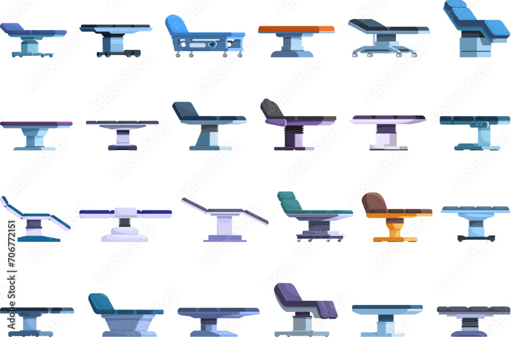 Medical operating table icons set cartoon vector. Medicine clinic. Bed instrument