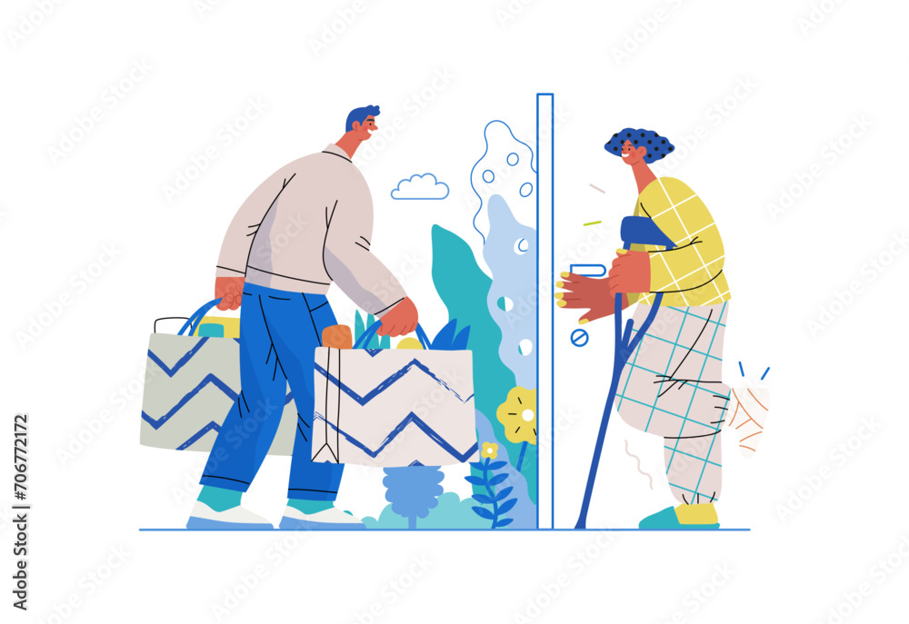 Obraz premium Mutual Support Buying groceries for ill neighbor -modern flat vector concept illustration of man carrying shopping bags for woman on crutches Metaphor of voluntary, collaborative exchanges of services