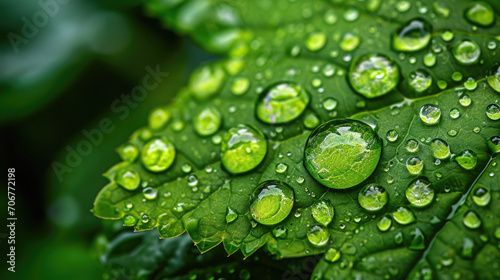 Detailed shot of water droplets on a green leaf after rain.