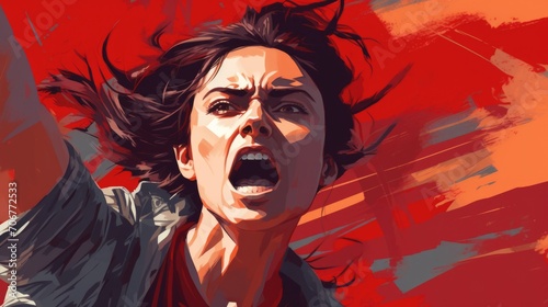 Illustration of a female activist expressing anger and passion, powerful and emotive